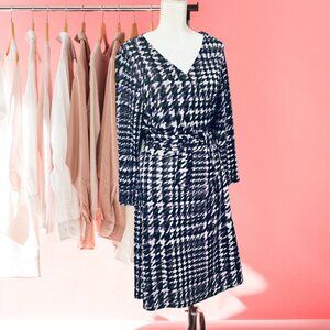 PLUS SIZE Purple Black Gray Houndstooth Geometric Pattern Waist Tie Dress NEW